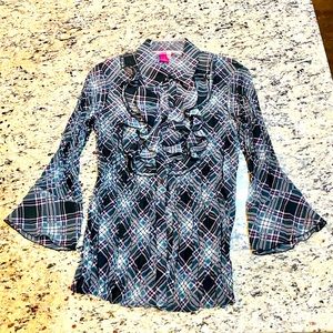 Button down front, ruffle details, sheer & pleated, bell sleeves